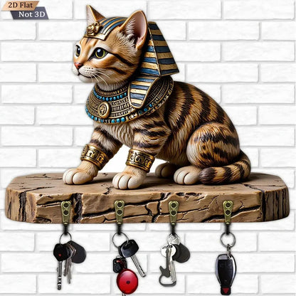 2D Pharaoh Cat Wood Key Rack - Egyptian Cat Key Holder 4 Metal Hooks-MoonChildWorld