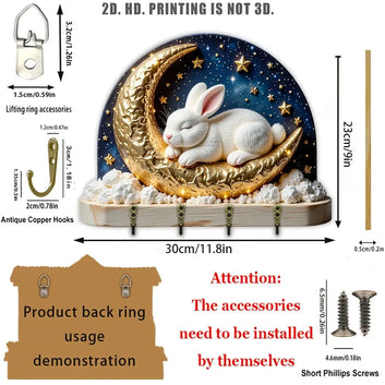2D Rabbit on Moon Key Holder 4 Metal Hooks - Wicca Pagan Wood Key Rack Easter Home Decor-MoonChildWorld