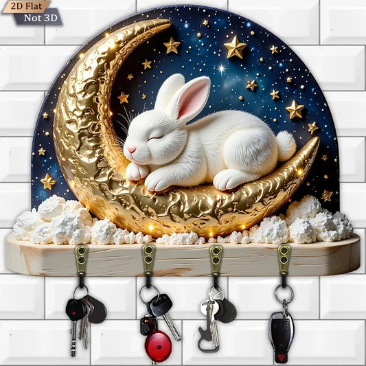2D Rabbit on Moon Key Holder 4 Metal Hooks - Wicca Pagan Wood Key Rack Easter Home Decor-MoonChildWorld