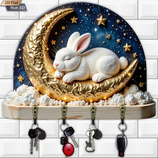 2D Rabbit on Moon Key Holder 4 Metal Hooks - Wicca Pagan Wood Key Rack Easter Home Decor-MoonChildWorld