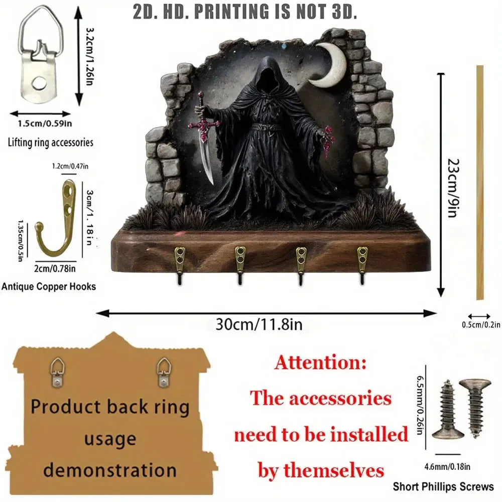 2D Grim Reaper Gothic Wooden Key Holder with Four Metal Hooks Witch Home Decor-MoonChildWorld