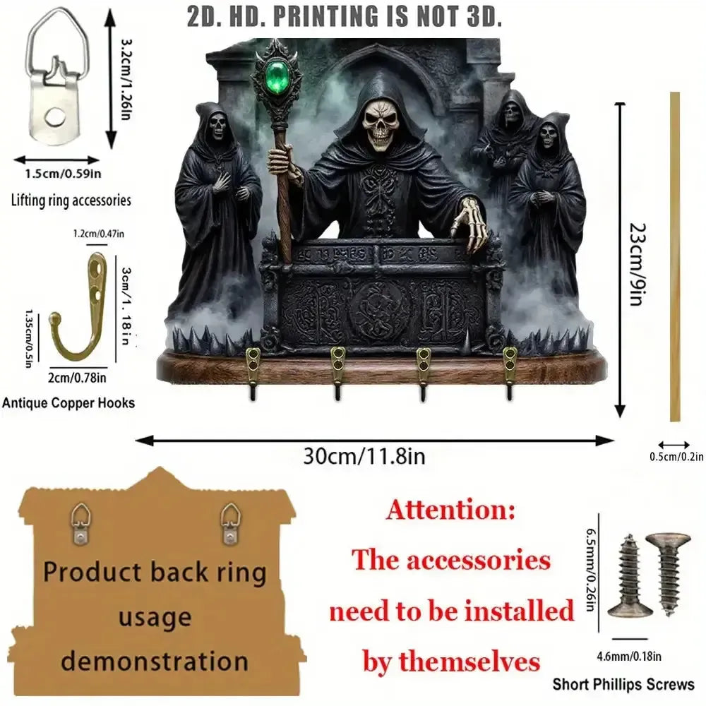 2D Grim Reaper Gothic Wooden Key Holder with Four Metal Hooks Witch Home Decor-MoonChildWorld