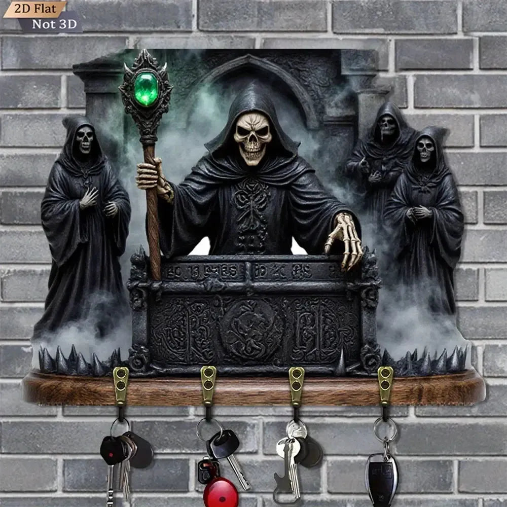 2D Grim Reaper Gothic Wooden Key Holder with Four Metal Hooks Witch Home Decor-MoonChildWorld