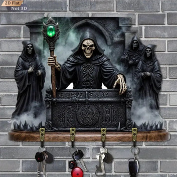 2D Grim Reaper Gothic Wooden Key Holder with Four Metal Hooks Witch Home Decor