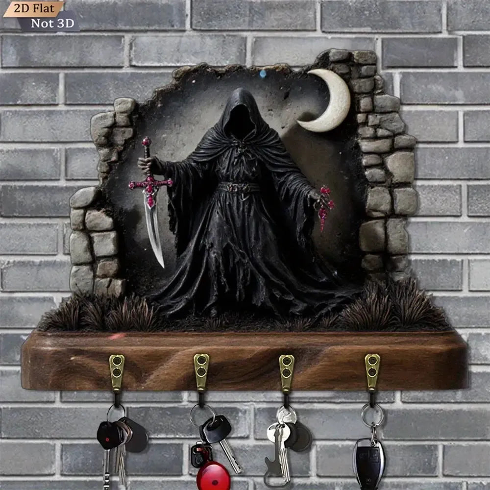 2D Grim Reaper Gothic Wooden Key Holder with Four Metal Hooks Witch Home Decor-MoonChildWorld