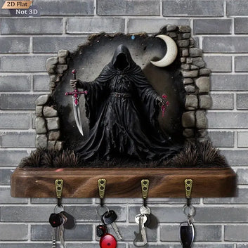 2D Grim Reaper Gothic Wooden Key Holder with Four Metal Hooks Witch Home Decor