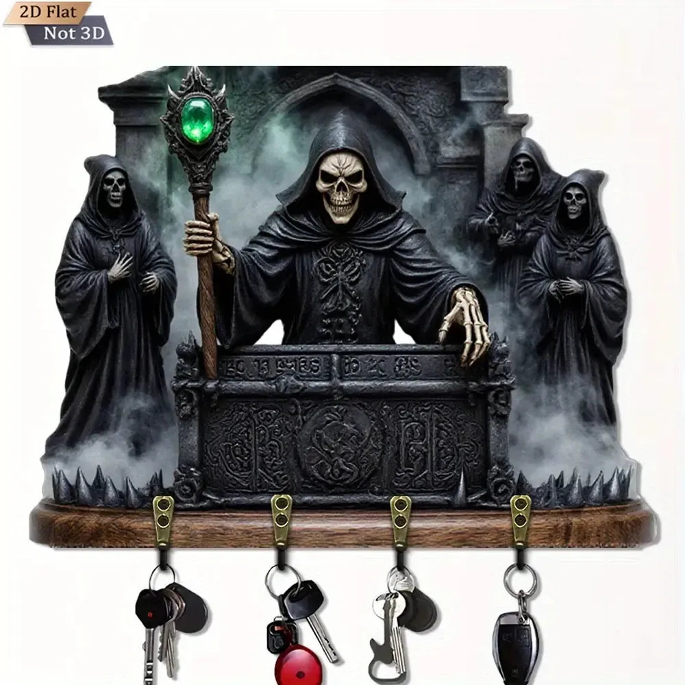 2D Grim Reaper Gothic Wooden Key Holder with Four Metal Hooks Witch Home Decor-MoonChildWorld