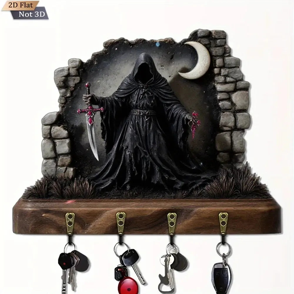 2D Grim Reaper Gothic Wooden Key Holder with Four Metal Hooks Witch Home Decor-MoonChildWorld
