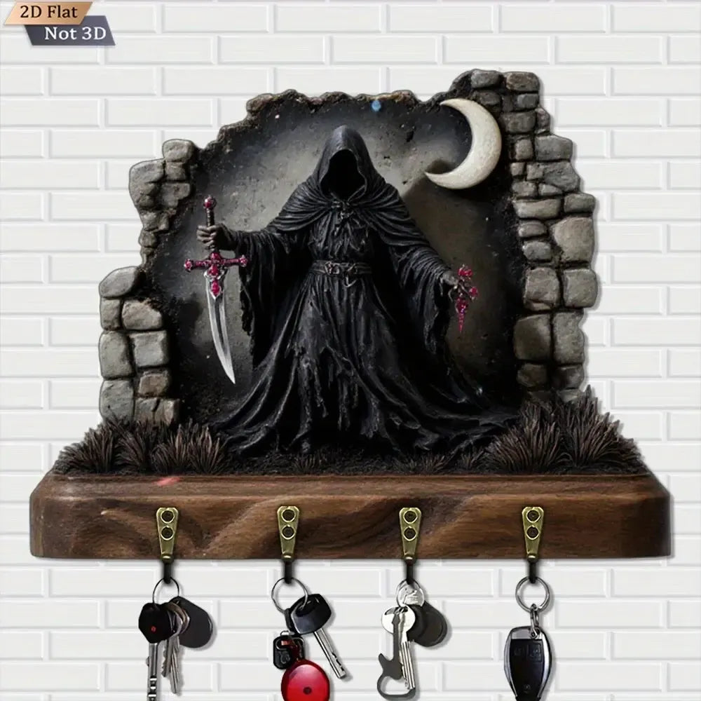 2D Grim Reaper Gothic Wooden Key Holder with Four Metal Hooks Witch Home Decor-MoonChildWorld