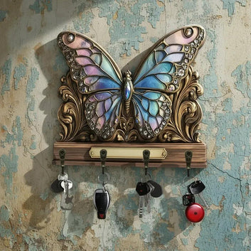 2D Retro Butterfly Wooden Key Holder with Four Metal Hooks-MoonChildWorld