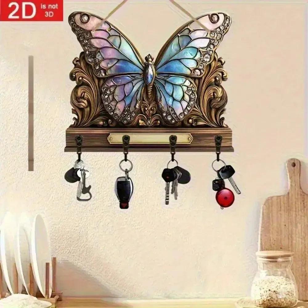2D Retro Butterfly Wooden Key Holder with Four Metal Hooks-MoonChildWorld