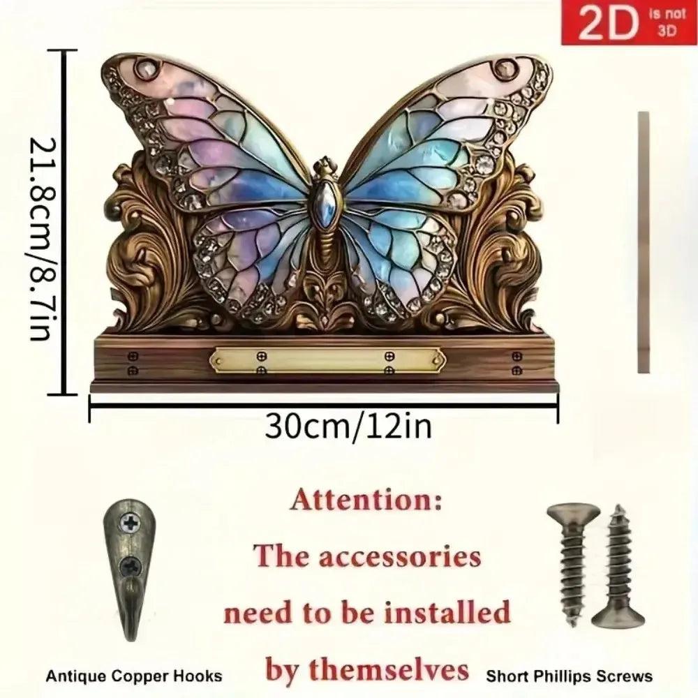 2D Retro Butterfly Wooden Key Holder with Four Metal Hooks-MoonChildWorld