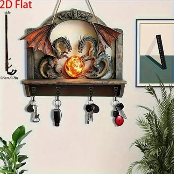 2D Retro Dragon Wooden Key Holder with Four Metal Hooks-MoonChildWorld