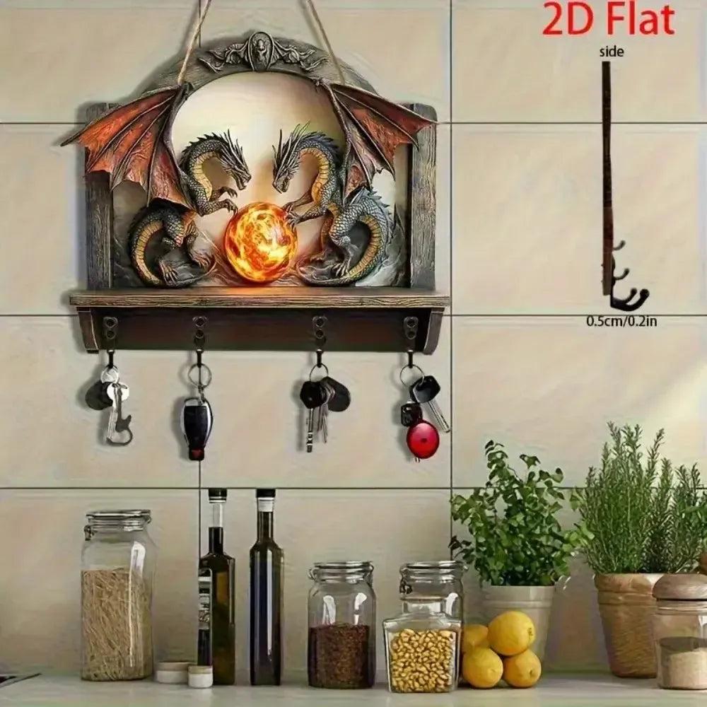 2D Retro Dragon Wooden Key Holder with Four Metal Hooks-MoonChildWorld