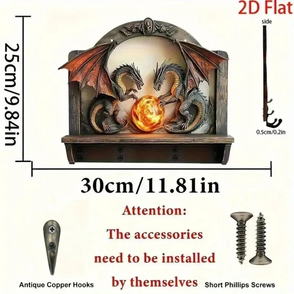 2D Retro Dragon Wooden Key Holder with Four Metal Hooks-MoonChildWorld