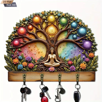 2D Seven Chakras Pagan Tree of Life Wooden Key Holder with 4 Metal Hooks