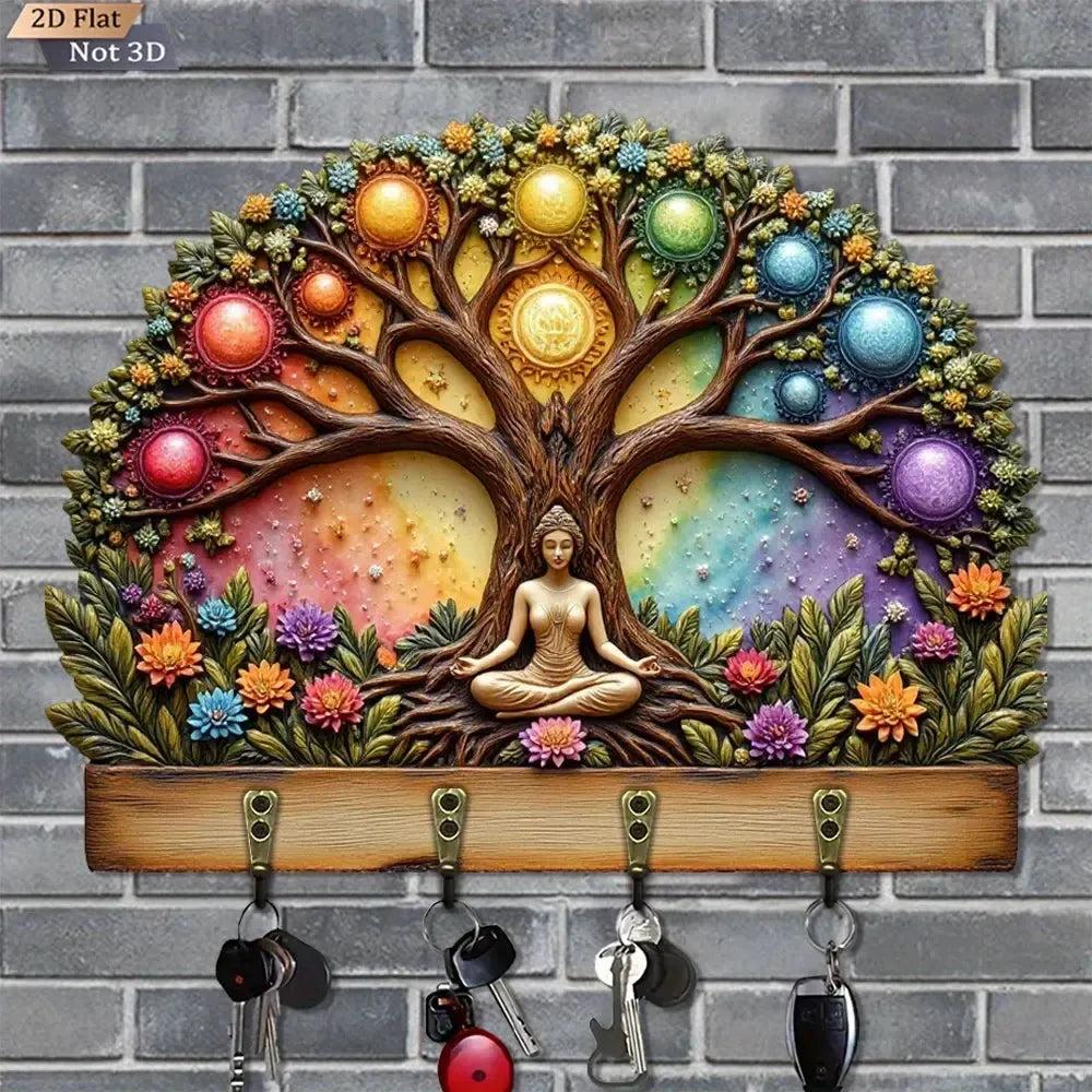 2D Seven Chakras Pagan Tree of Life Wooden Key Holder with 4 Metal Hooks-MoonChildWorld