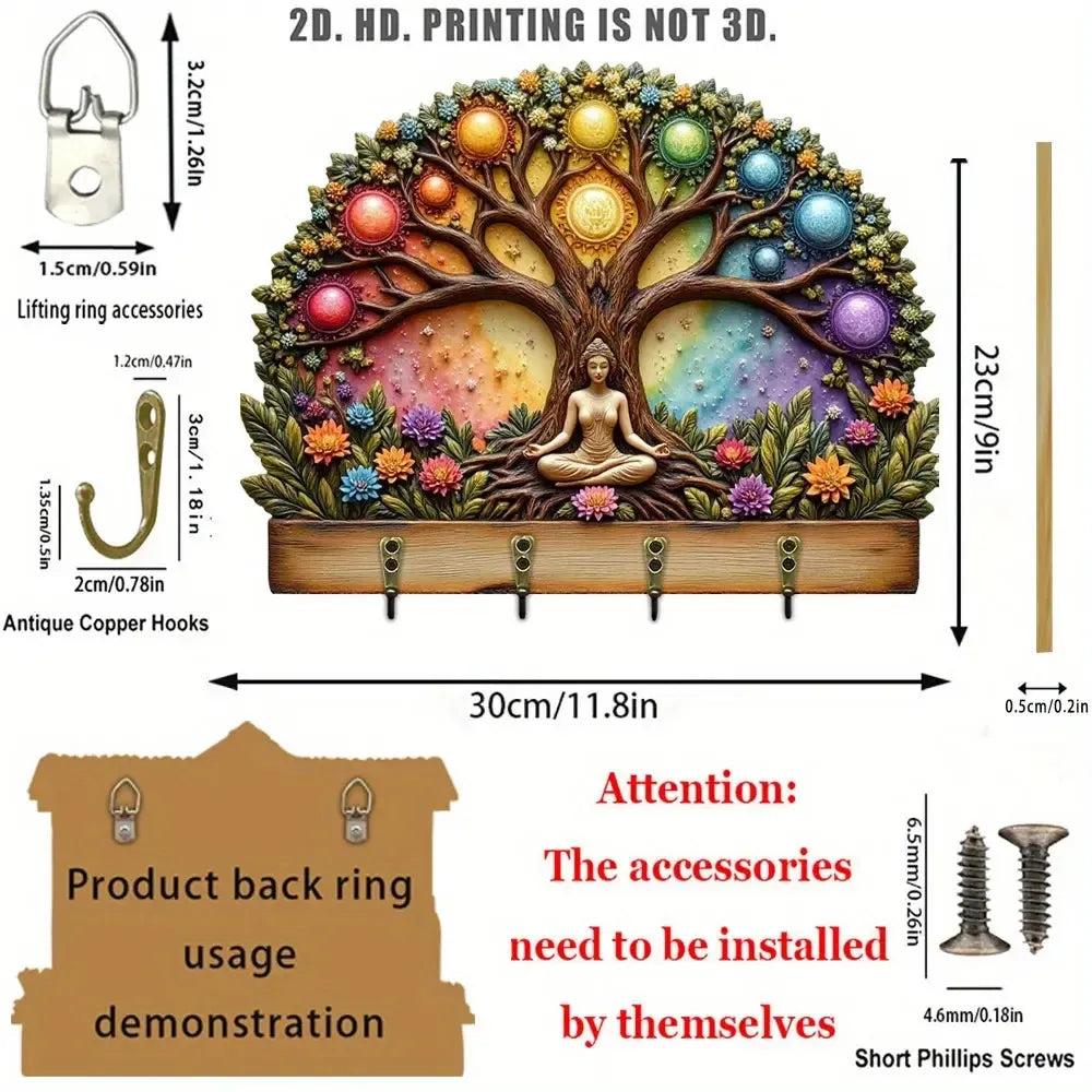 2D Seven Chakras Pagan Tree of Life Wooden Key Holder with 4 Metal Hooks-MoonChildWorld