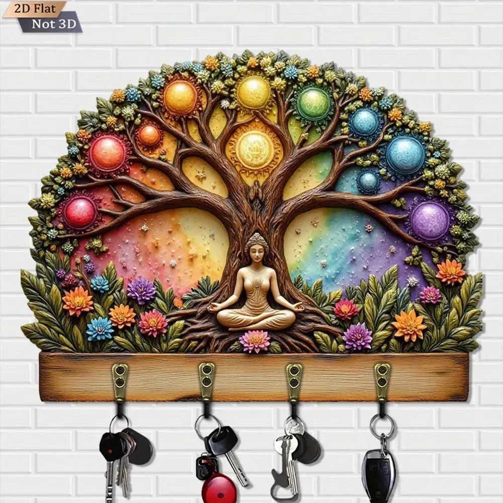 2D Seven Chakras Pagan Tree of Life Wooden Key Holder with 4 Metal Hooks-MoonChildWorld