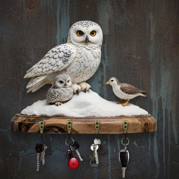 2D Snowy Owl Key Holder 4 Metal Hooks - Mystic Wood Key Rack-MoonChildWorld