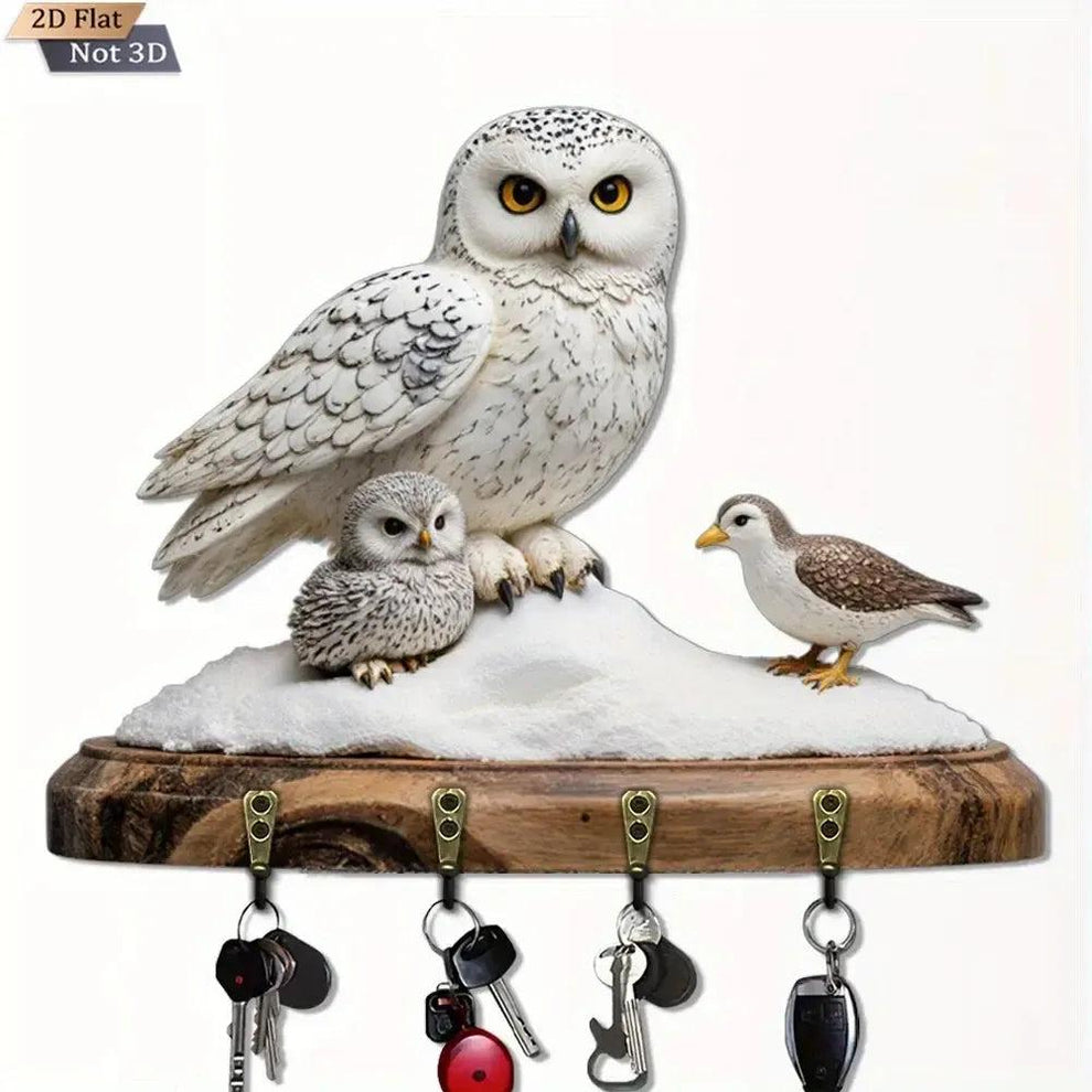 2D Snowy Owl Key Holder 4 Metal Hooks - Mystic Wood Key Rack