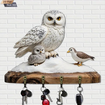 2D Snowy Owl Key Holder 4 Metal Hooks - Mystic Wood Key Rack-MoonChildWorld