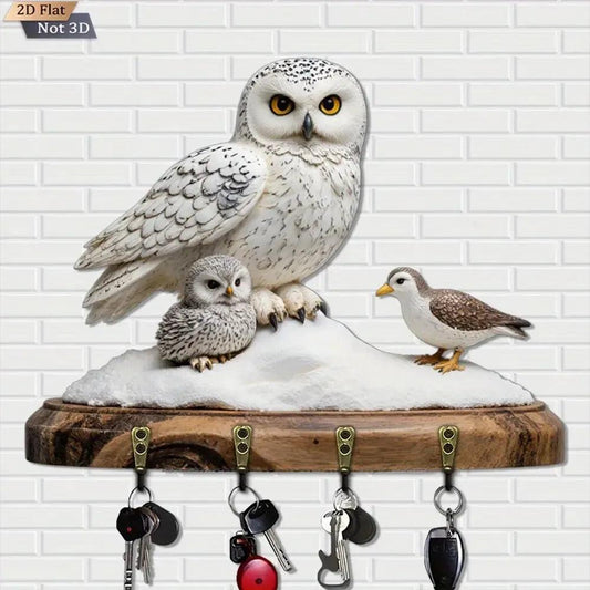2D Snowy Owl Key Holder 4 Metal Hooks - Mystic Wood Key Rack-MoonChildWorld