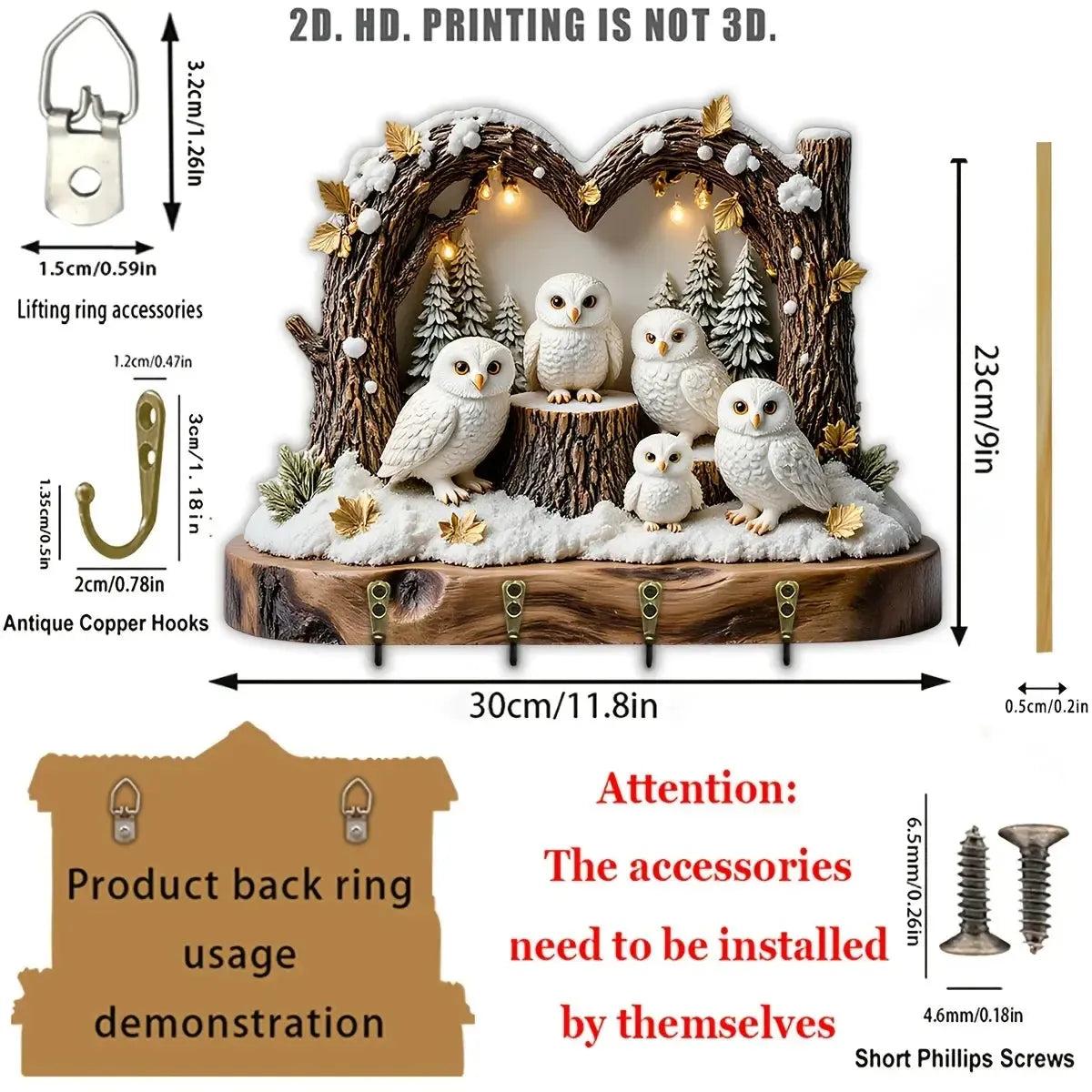 2D Snowy Owl Wooden Key Holder with Four Metal Hooks-MoonChildWorld