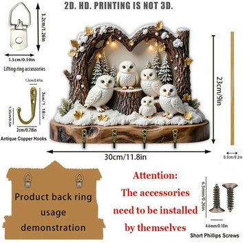 2D Snowy Owl Wooden Key Holder with Four Metal Hooks-MoonChildWorld