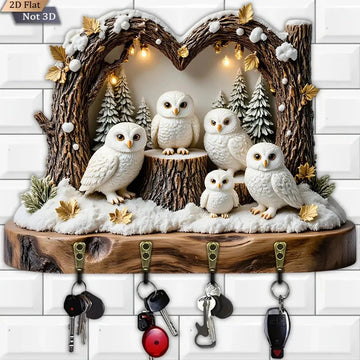 2D Snowy Owl Wooden Key Holder with Four Metal Hooks-MoonChildWorld