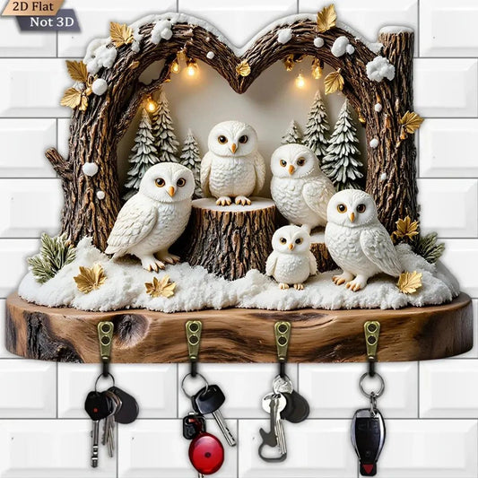 2D Snowy Owl Wooden Key Holder with Four Metal Hooks-MoonChildWorld