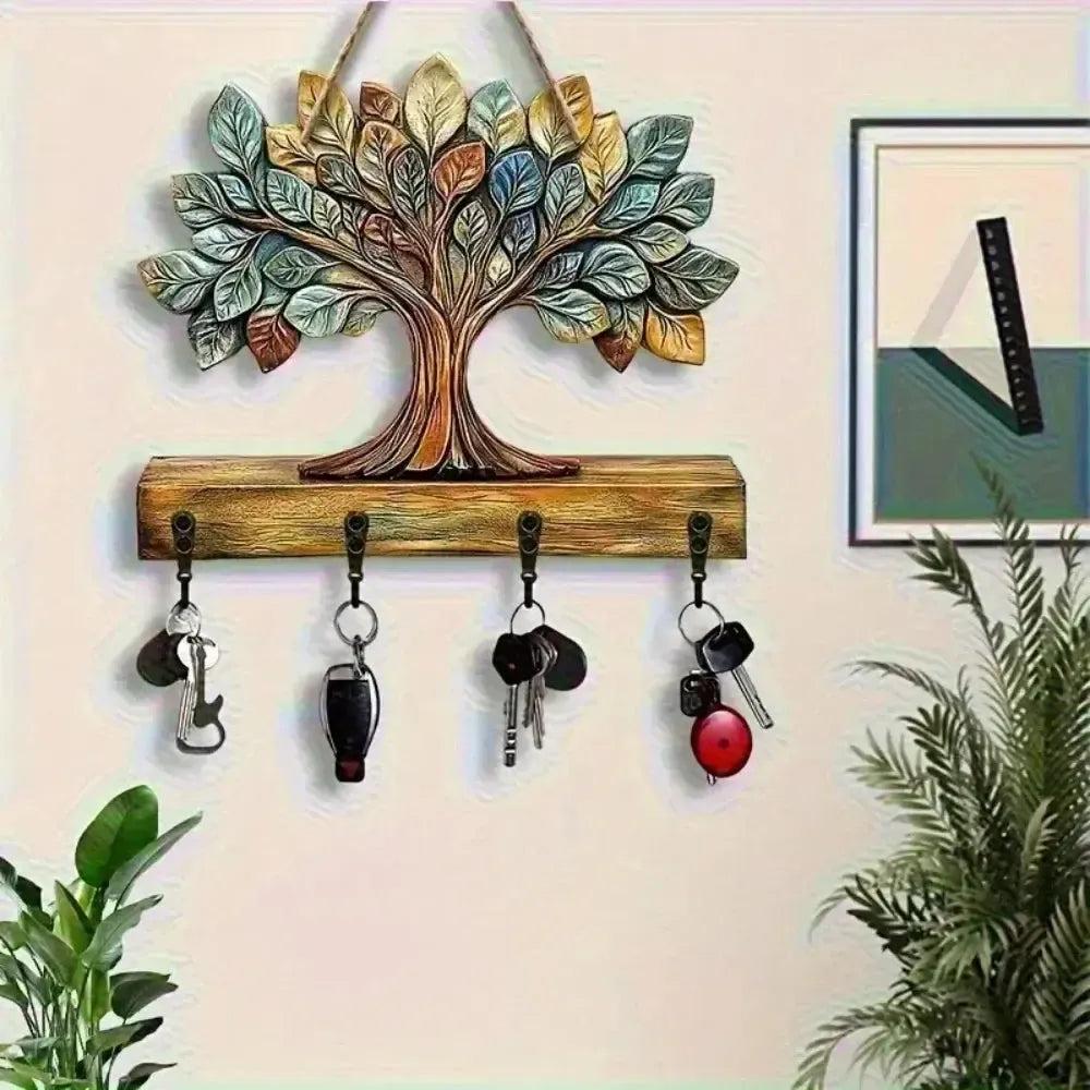 2D Spirit Tree of Life Wooden Key Holder with Four Metal Hooks Pagan Home Decor-MoonChildWorld