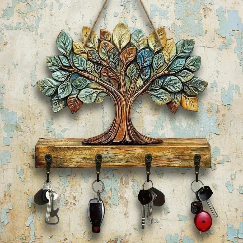 2D Spirit Tree of Life Wooden Key Holder with Four Metal Hooks Pagan Home Decor-MoonChildWorld