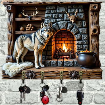2D Spirit Wolf Key Holder 4 Metal Hooks - Mystic Wood Key Rack-MoonChildWorld