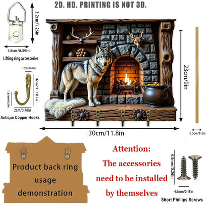 2D Spirit Wolf Key Holder 4 Metal Hooks - Mystic Wood Key Rack-MoonChildWorld