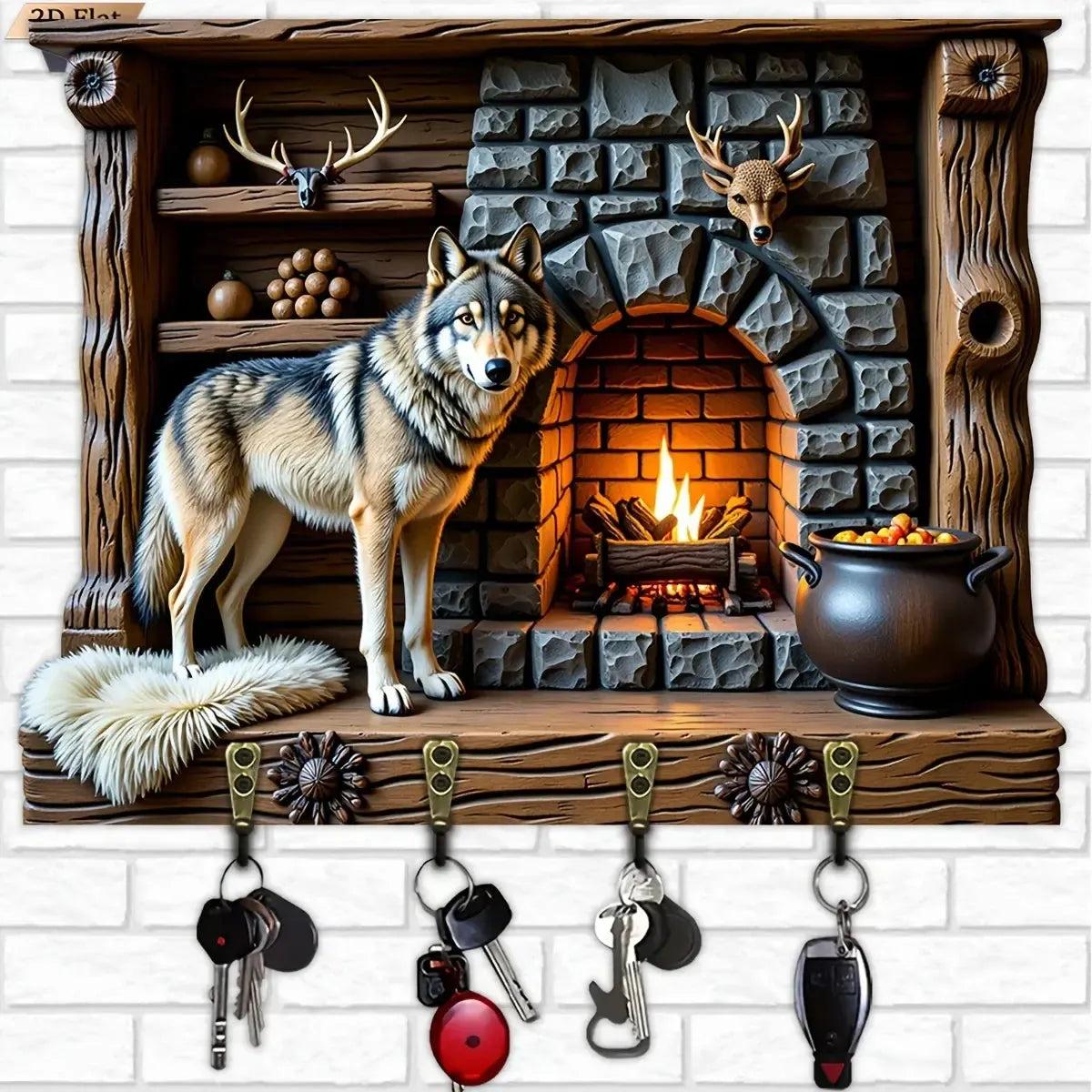 2D Spirit Wolf Key Holder 4 Metal Hooks - Mystic Wood Key Rack-MoonChildWorld