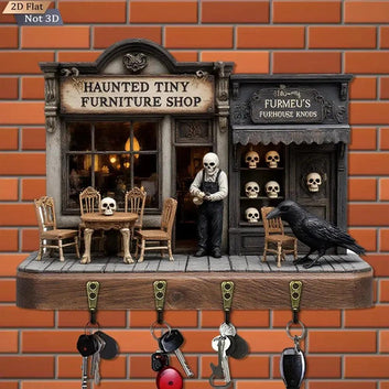 2D Spooky Halloween Wood Key Rack - Gothic Key Holder 4 Metal Hooks for Witch Decor-MoonChildWorld