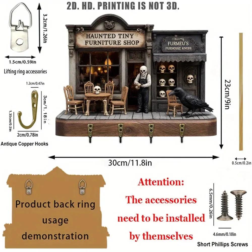 2D Spooky Halloween Wood Key Rack - Gothic Key Holder 4 Metal Hooks for Witch Decor-MoonChildWorld