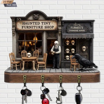 2D Spooky Halloween Wood Key Rack - Gothic Key Holder 4 Metal Hooks for Witch Decor-MoonChildWorld