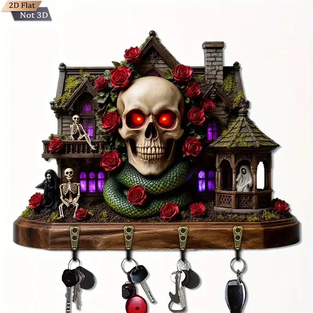 2D Spooky Mansion & Skull Rose Gothic Wooden Key Holder 4 Metal Hooks - Halloween Wood Key Rack-MoonChildWorld
