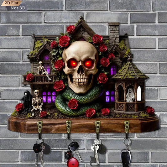 2D Spooky Mansion & Skull Rose Gothic Wooden Key Holder 4 Metal Hooks - Halloween Wood Key Rack-MoonChildWorld