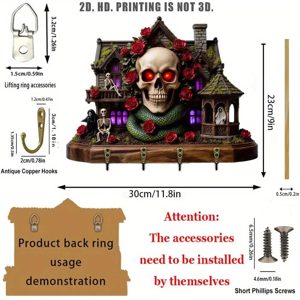 2D Spooky Mansion & Skull Rose Gothic Wooden Key Holder 4 Metal Hooks - Halloween Wood Key Rack-MoonChildWorld