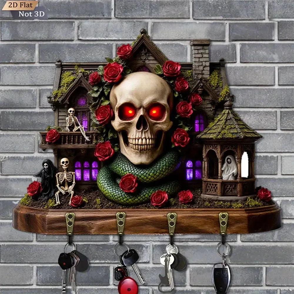 2D Spooky Mansion & Skull Rose Gothic Wooden Key Holder 4 Metal Hooks - Halloween Wood Key Rack-MoonChildWorld