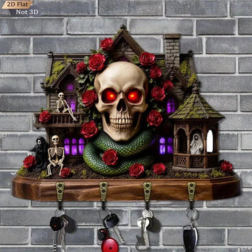 2D Spooky Mansion & Skull Rose Gothic Wooden Key Holder 4 Metal Hooks - Halloween Wood Key Rack-MoonChildWorld