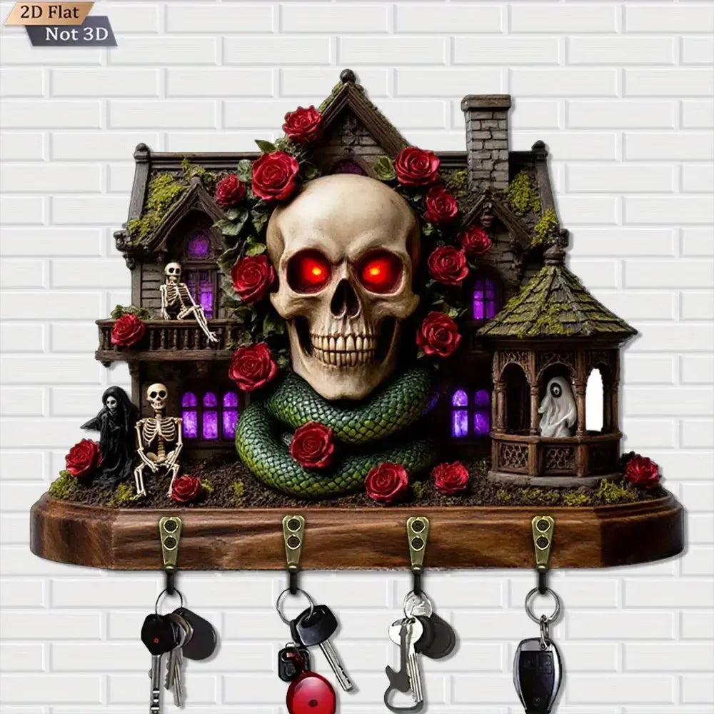 2D Spooky Mansion & Skull Rose Gothic Wooden Key Holder 4 Metal Hooks - Halloween Wood Key Rack-MoonChildWorld