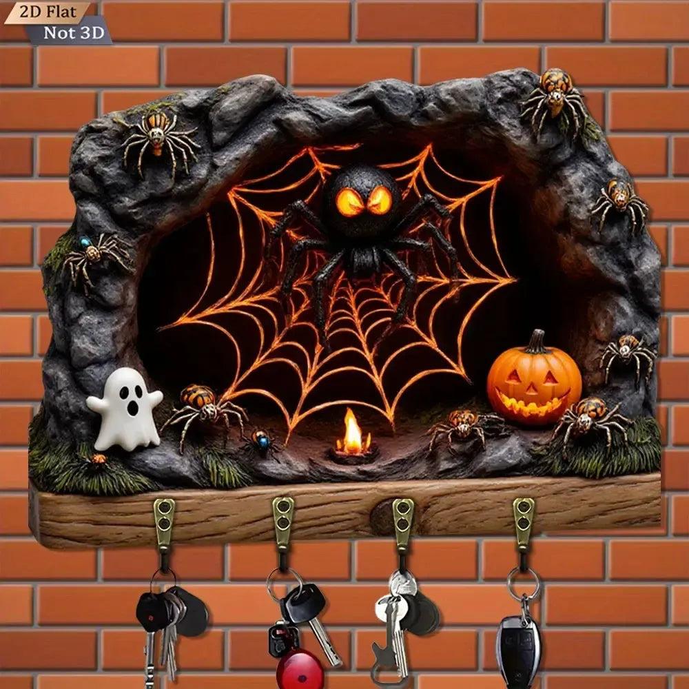 2D Spooky Spider Pumpkin Gothic Wood Key Rack - Halloween Key Holder 4 Metal Hooks for Witch Decor-MoonChildWorld
