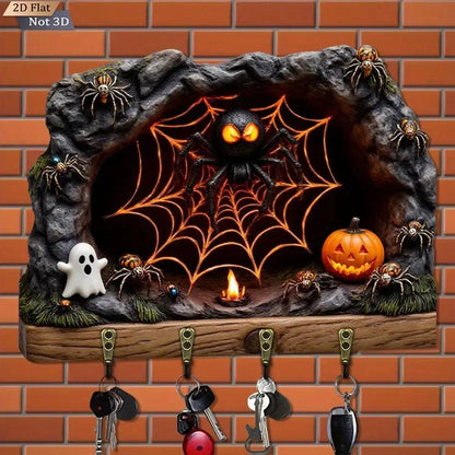 2D Spooky Spider Pumpkin Gothic Wood Key Rack - Halloween Key Holder 4 Metal Hooks for Witch Decor-MoonChildWorld