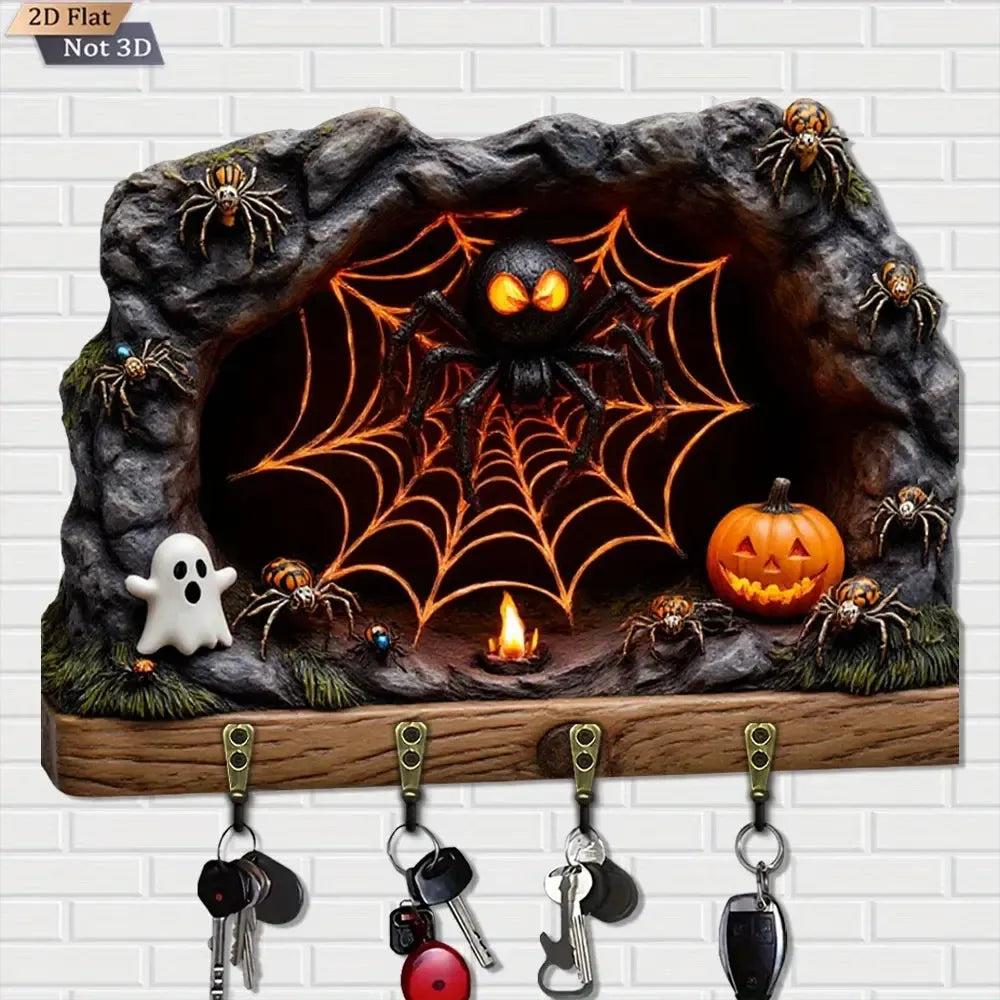2D Spooky Spider Pumpkin Gothic Wood Key Rack - Halloween Key Holder 4 Metal Hooks for Witch Decor-MoonChildWorld