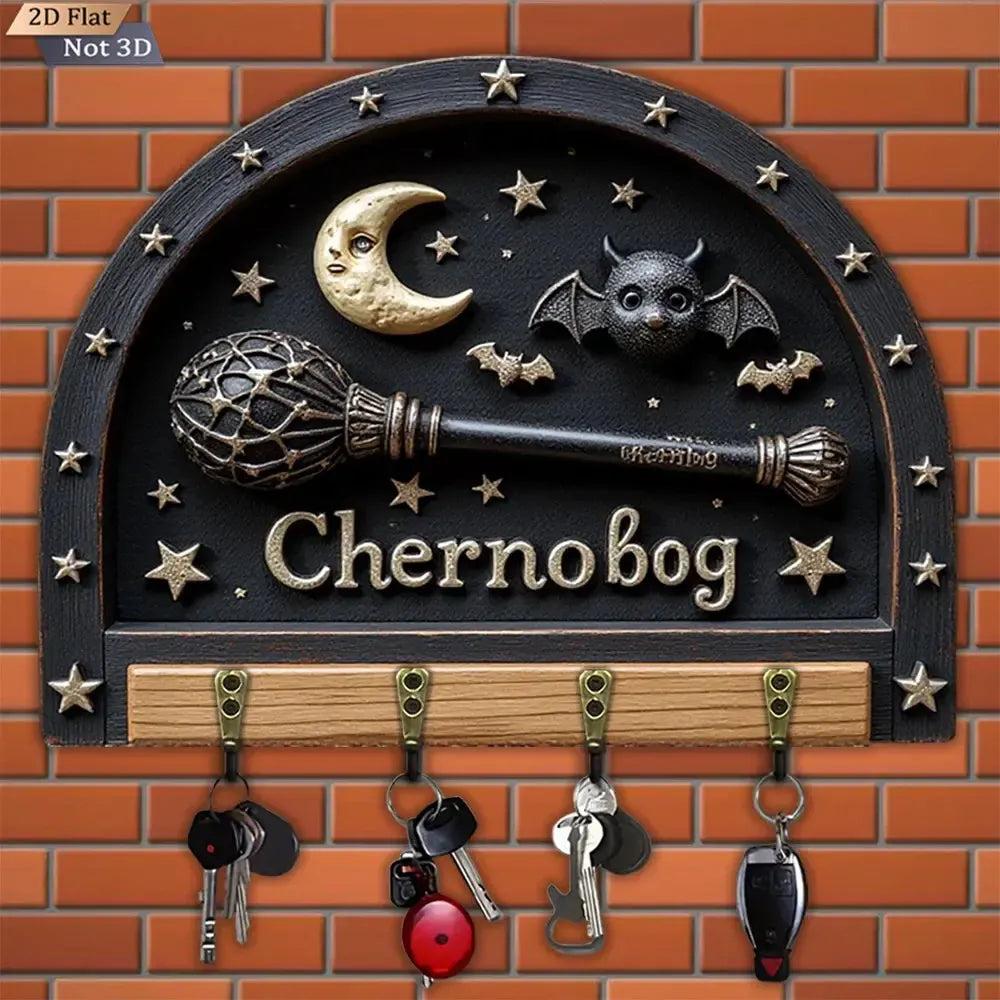 2D Star Moon Bat Magic Wand Gothic Wood Key Rack - Witch Key Holder 4 Metal Hooks for Halloween Wall Decor-MoonChildWorld