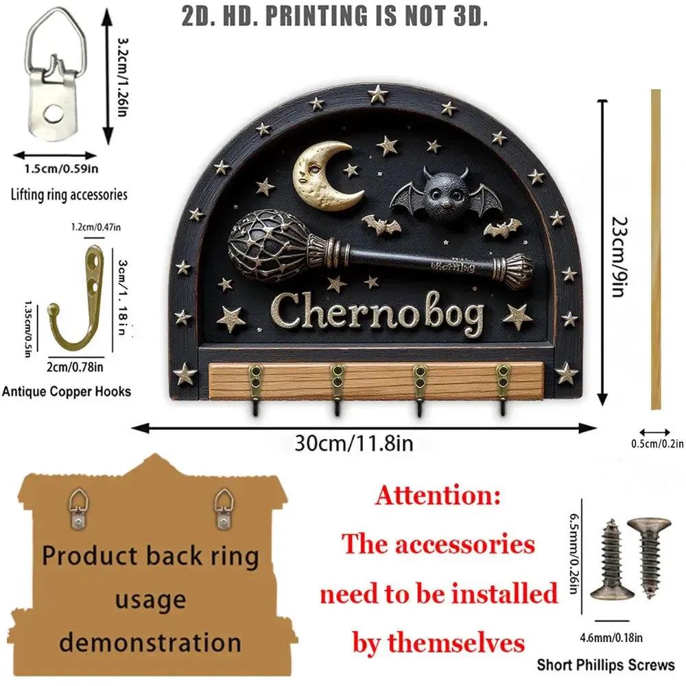 2D Star Moon Bat Magic Wand Gothic Wood Key Rack - Witch Key Holder 4 Metal Hooks for Halloween Wall Decor-MoonChildWorld
